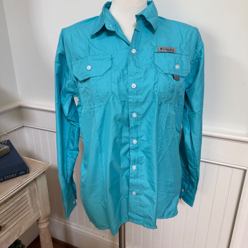 Columbia PFG Womens S Turquoise Blue Long Sleeve Fishing Shirt Back Vent Ripstop